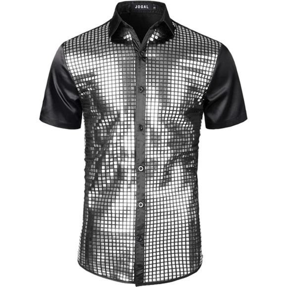 Mens 70s Disco Costume Silver Sequins Short Sleeve Button Down Shirts - Picture 1 of 7